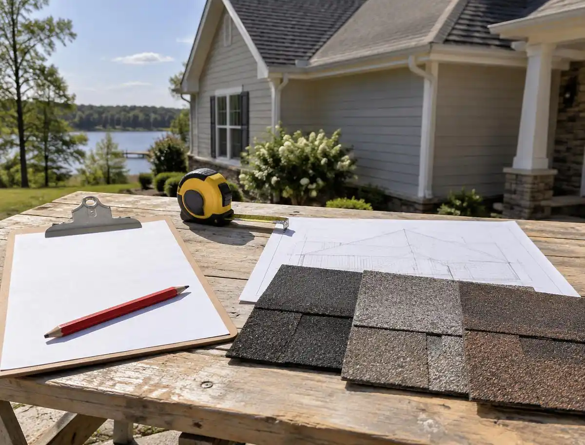 Roofing estimate materials with plans, shingle samples and measuring tools beside a home