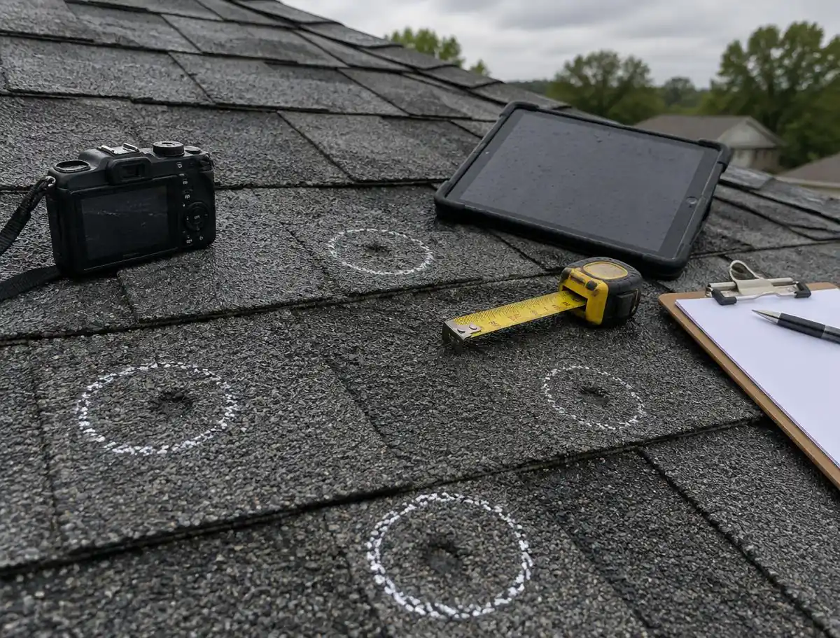 Hail-damaged roof documented with chalk marks, camera, tablet and measuring tape