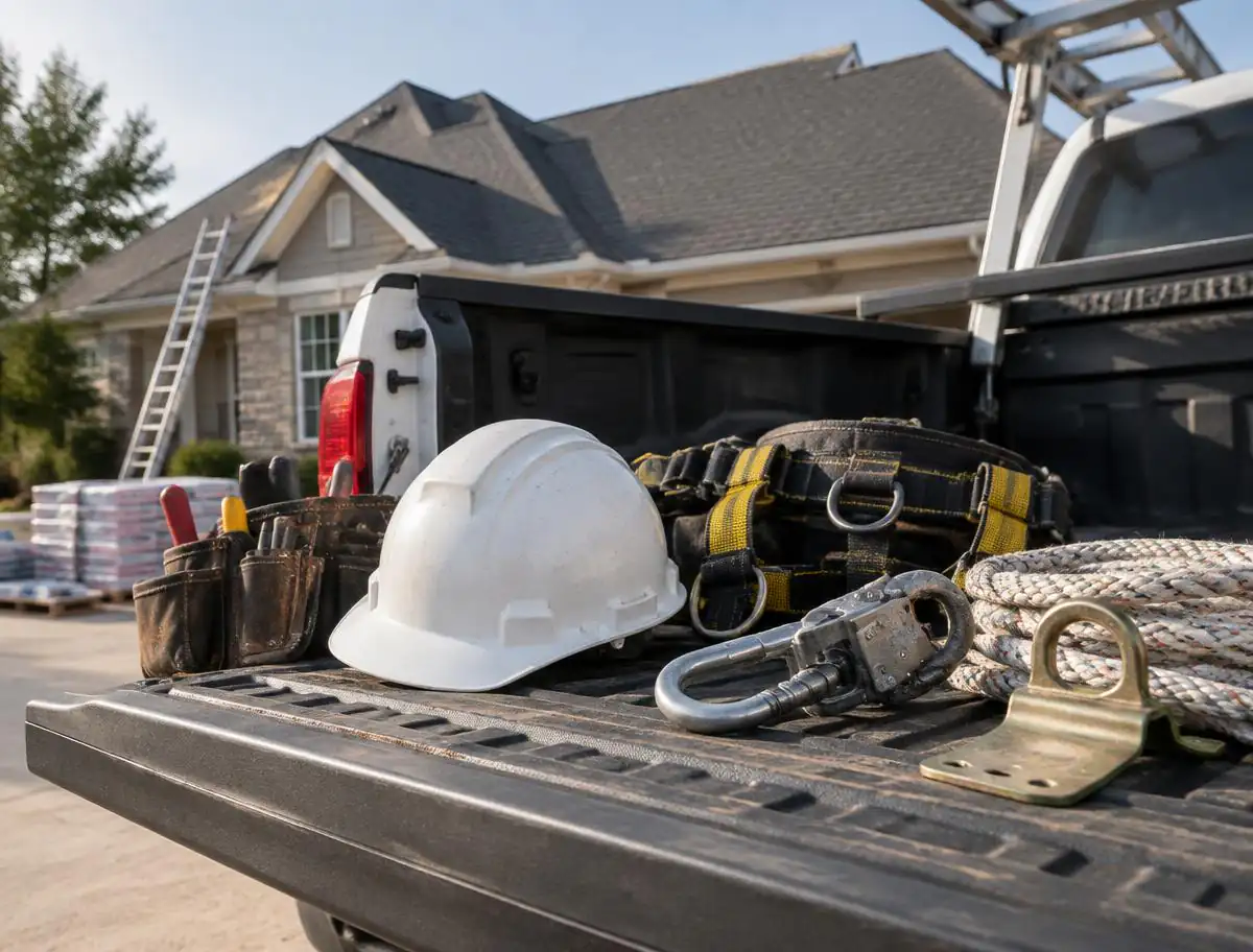 Roofing safety harness, hard hat, anchor and tools arranged on a work truck