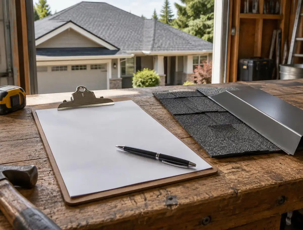 Roofing warranty paperwork with shingle and metal flashing samples on a workbench