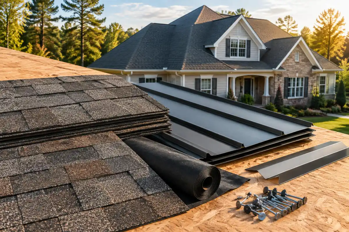 Architectural shingles, standing-seam metal, underlayment and roofing fasteners arranged on a roof deck