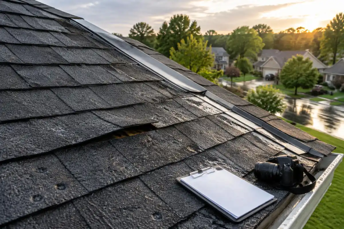 Wind- and hail-damaged architectural shingle roof documented after a Raleigh storm