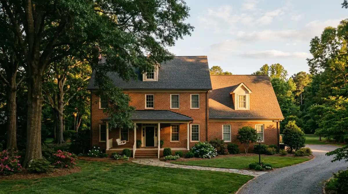 Two-story Raleigh home with a new charcoal architectural shingle roof at golden hour