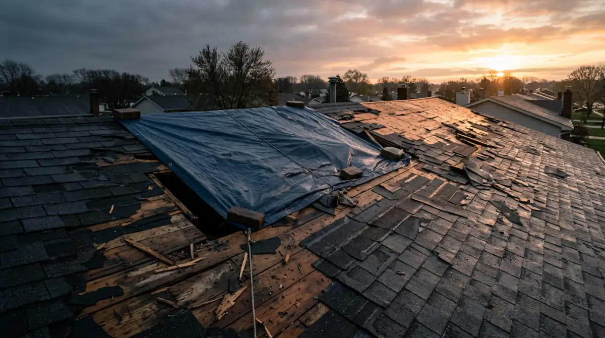 Storm-damaged roof secured with a protective tarp at dawn after a storm