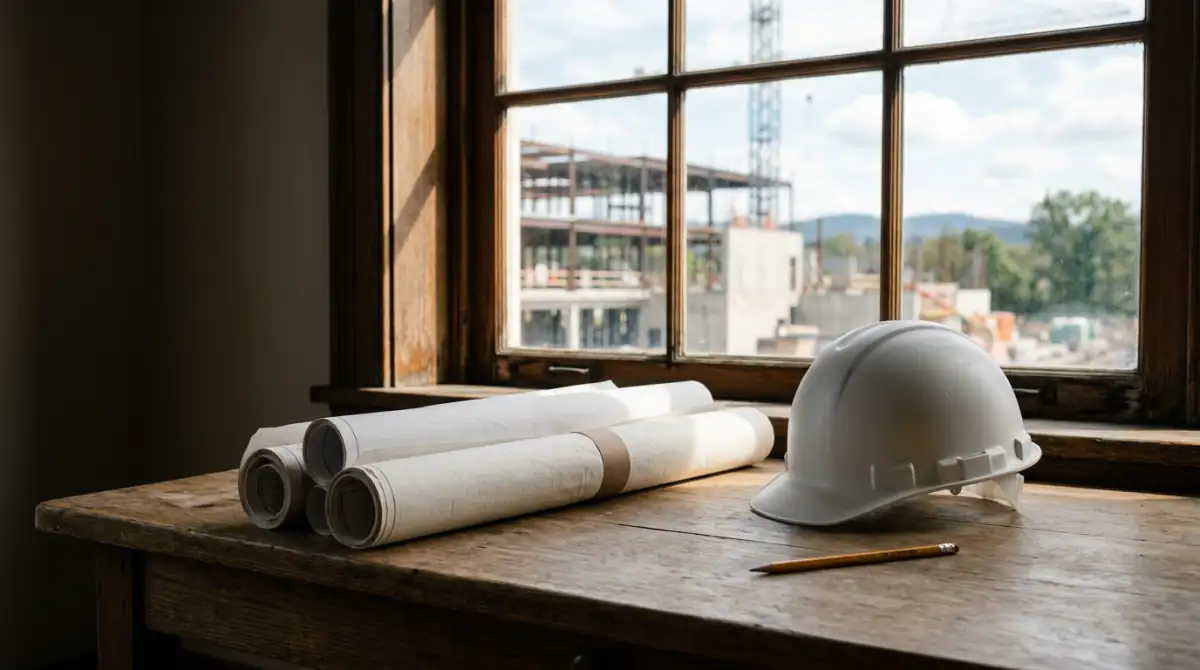 Rolled roofing blueprints, a pencil, and a white hard hat on a wooden desk beside a sunlit window