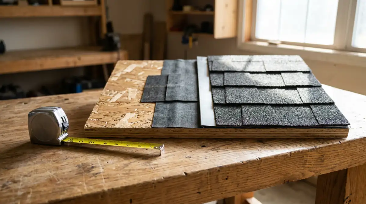 Roofing layer sample board with decking, underlayment, drip edge, shingles, and a tape measure on a workbench