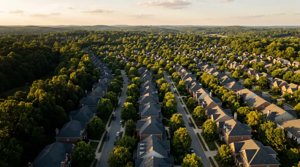 Aerial view of completed shingle roofs across a North Carolina neighborhood