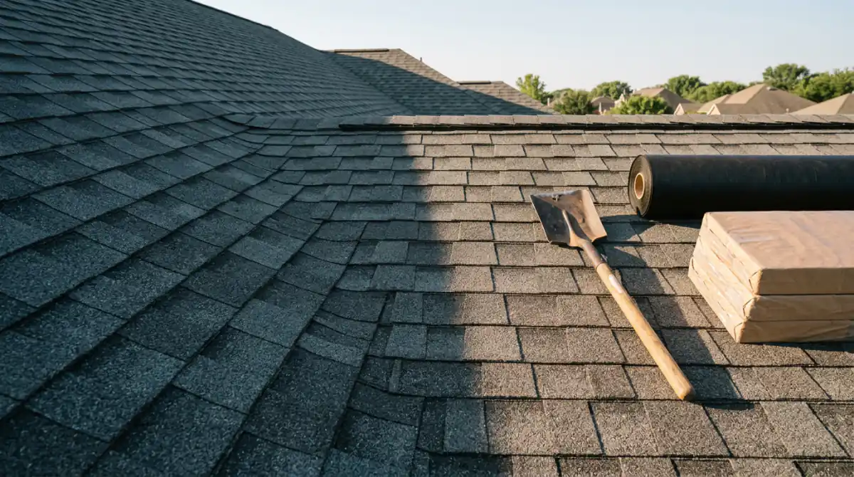Roofing tear-off shovel and shingle bundles on a charcoal residential roof in warm directional sunlight