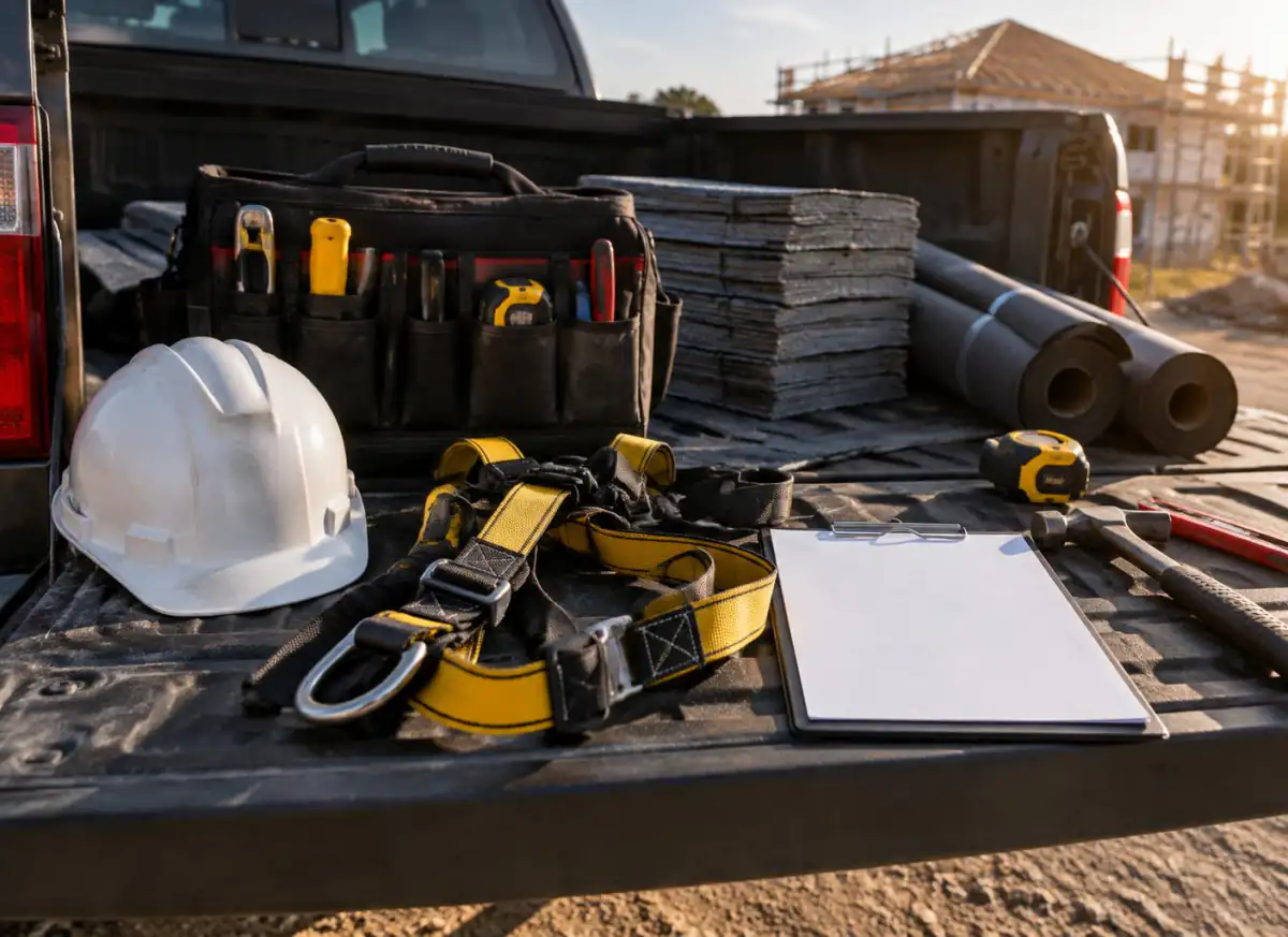 White hard hat, safety harness, clipboard and roofing tool bag staged on a work truck tailgate at a job site