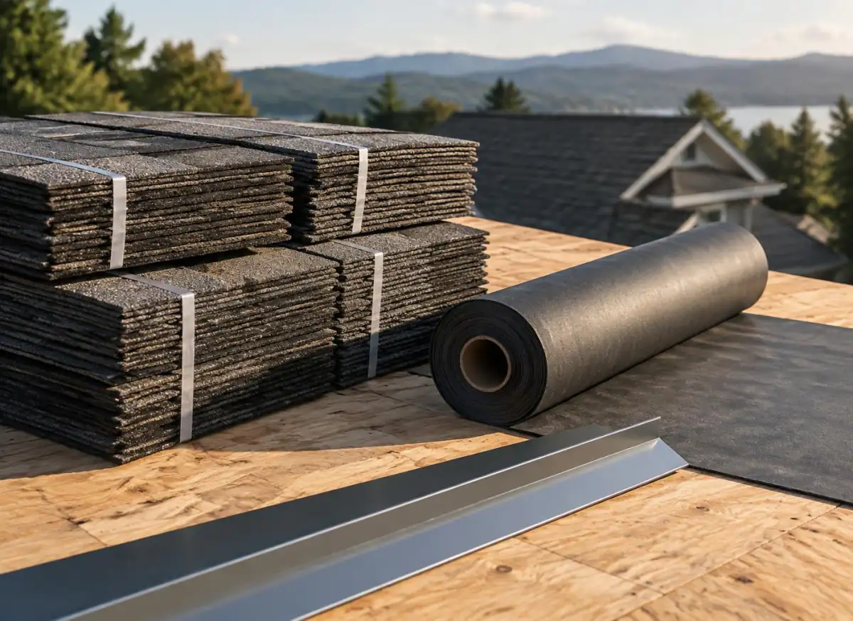 Bundles of architectural asphalt shingles, a roll of underlayment and metal drip edge staged on a roof deck