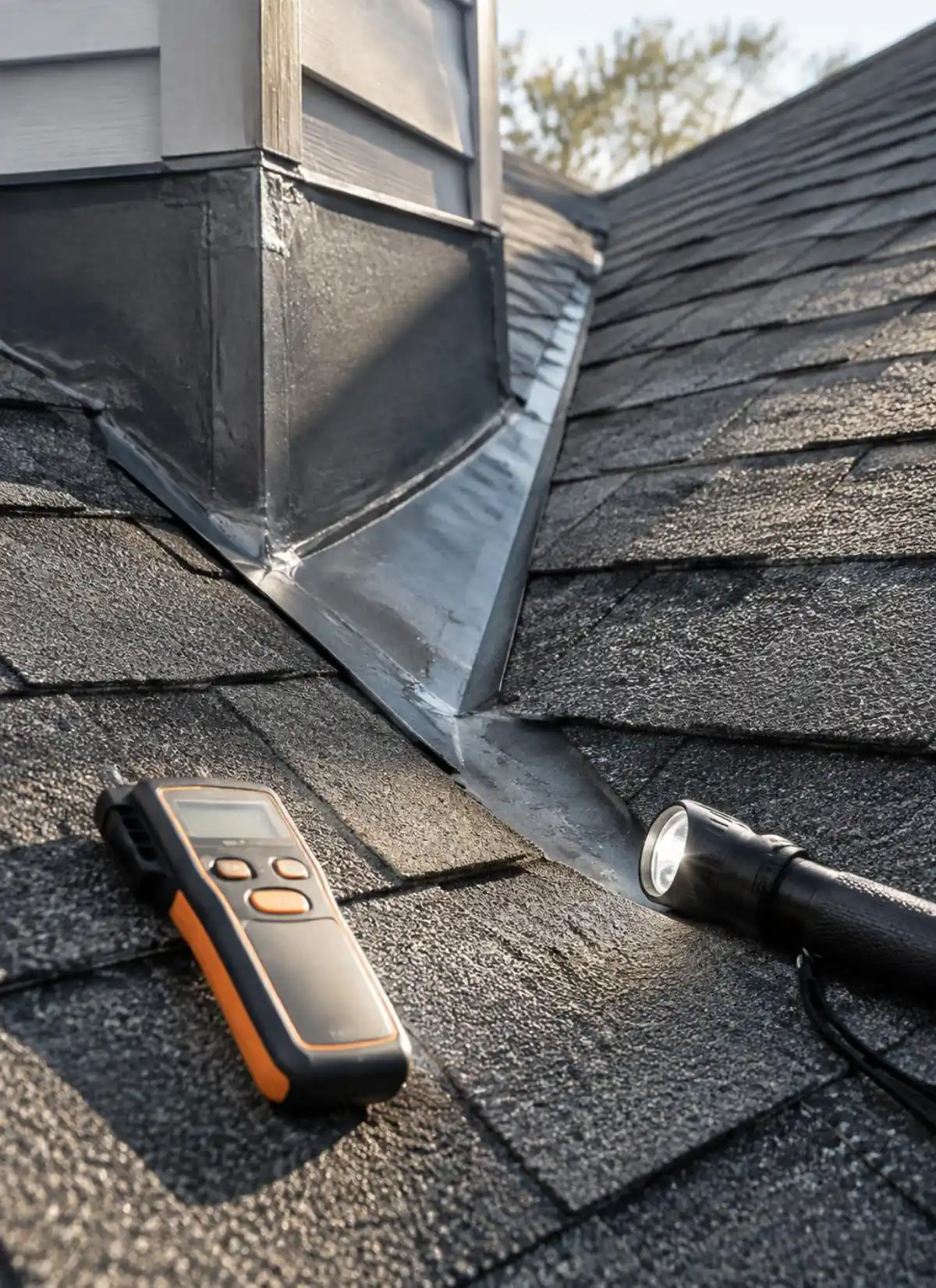 Roof inspection close-up with a moisture meter and flashlight beside chimney flashing on charcoal shingles
