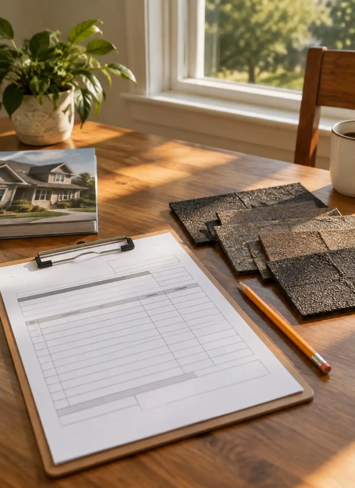 Written roofing estimate on a clipboard with asphalt shingle colour samples and a pencil on a sunlit table