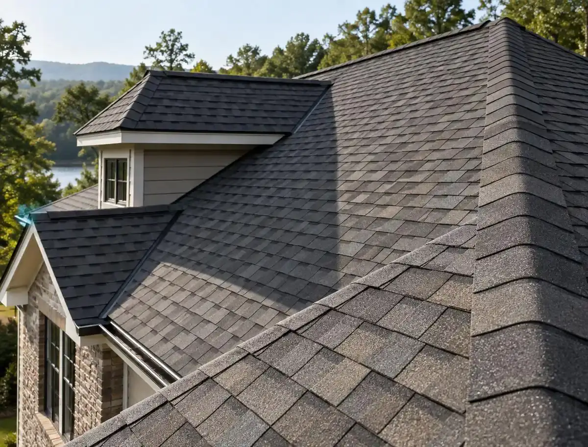 Completed dimensional asphalt shingle roof with crisp valleys and ridge caps