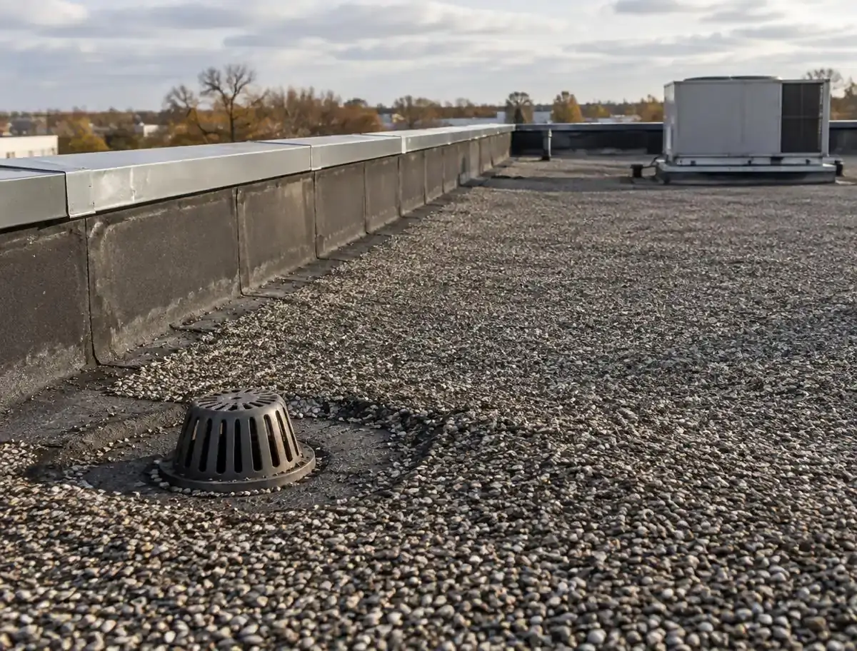 Authentic gravel-surfaced built-up commercial roof with parapet coping, drain and rooftop equipment