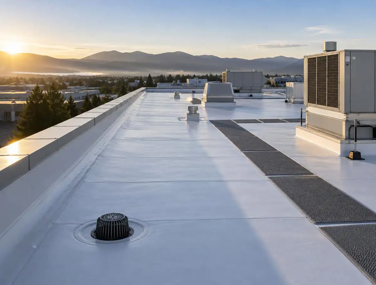 Completed white commercial membrane roof with drains, walkway pads and rooftop equipment