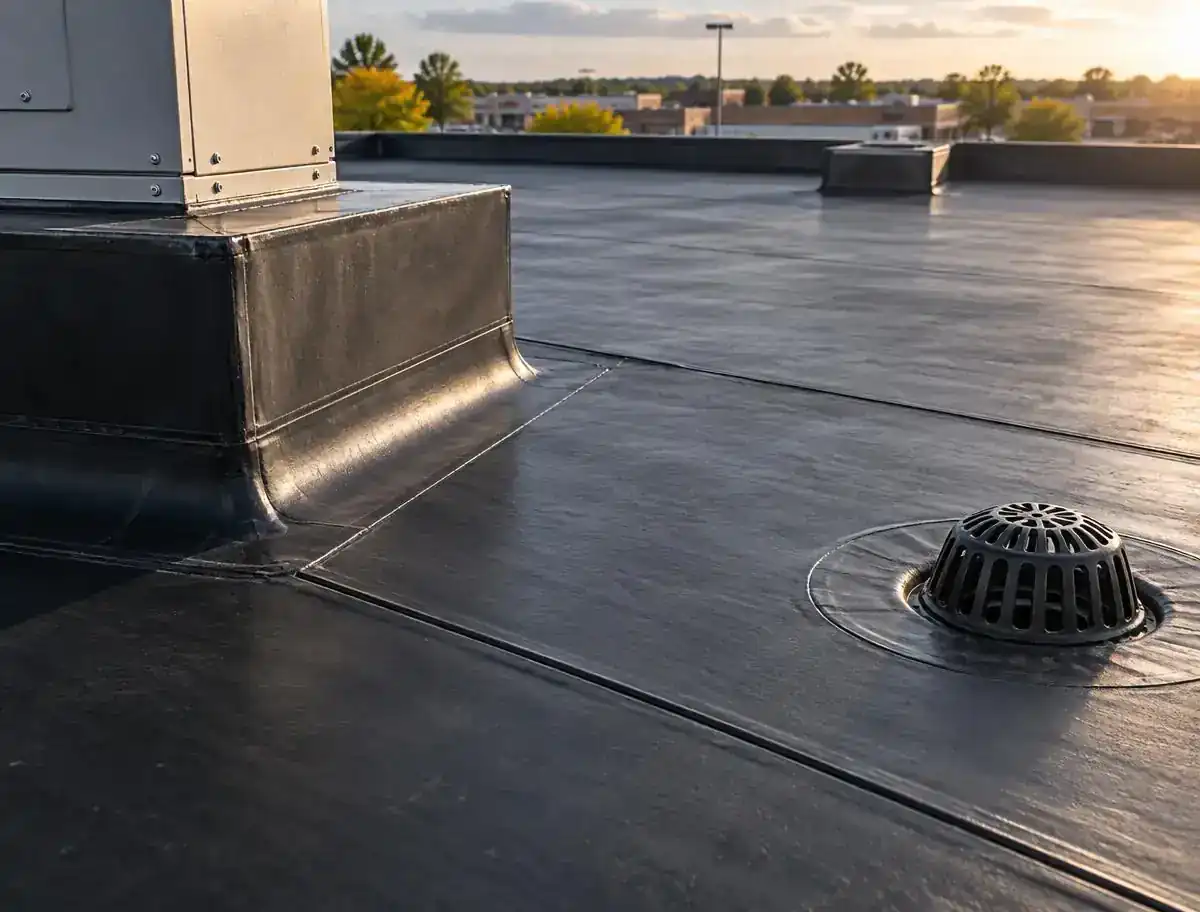 Commercial rubber roof membrane with sealed seams, curb flashing and a roof drain