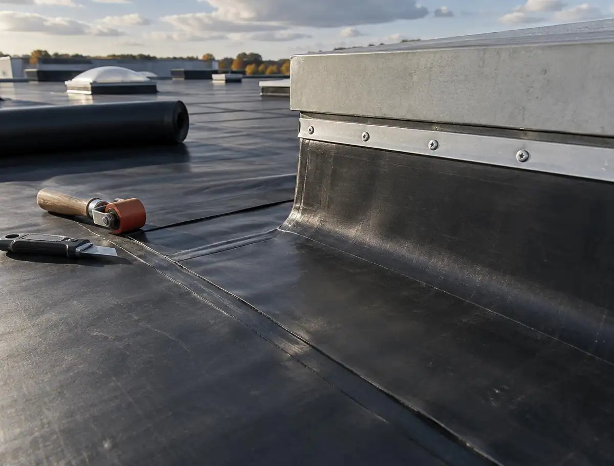 EPDM roof membrane with a rolled seam and secure rooftop curb termination