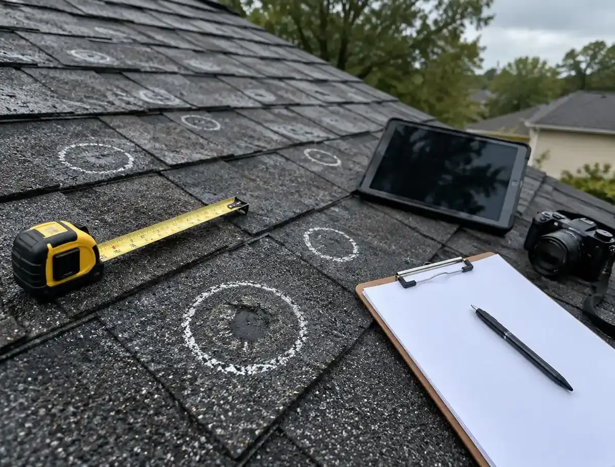 Hail impacts documented on asphalt shingles with chalk, measuring tape, camera and inspection forms