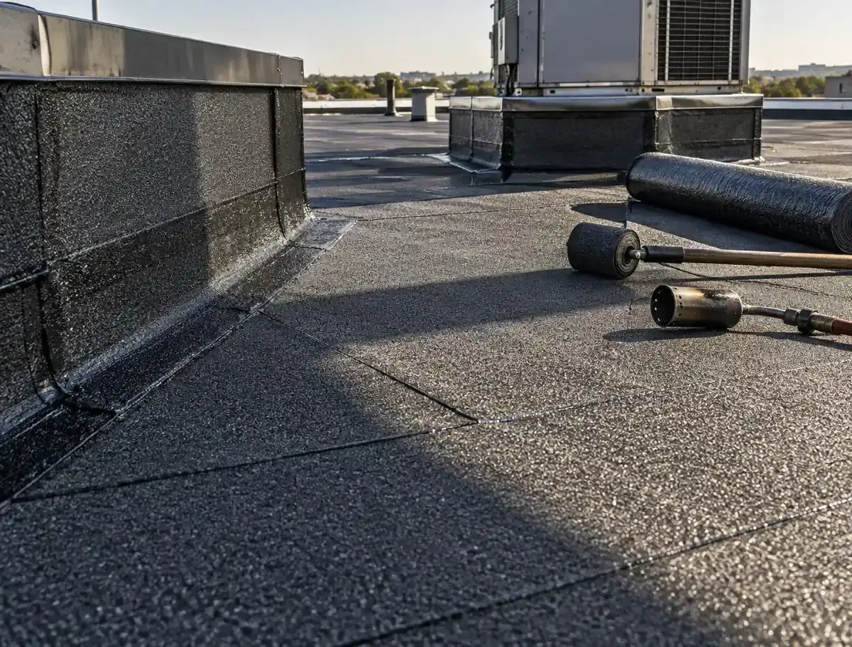 Granulated modified bitumen roof with sealed seams and parapet flashing