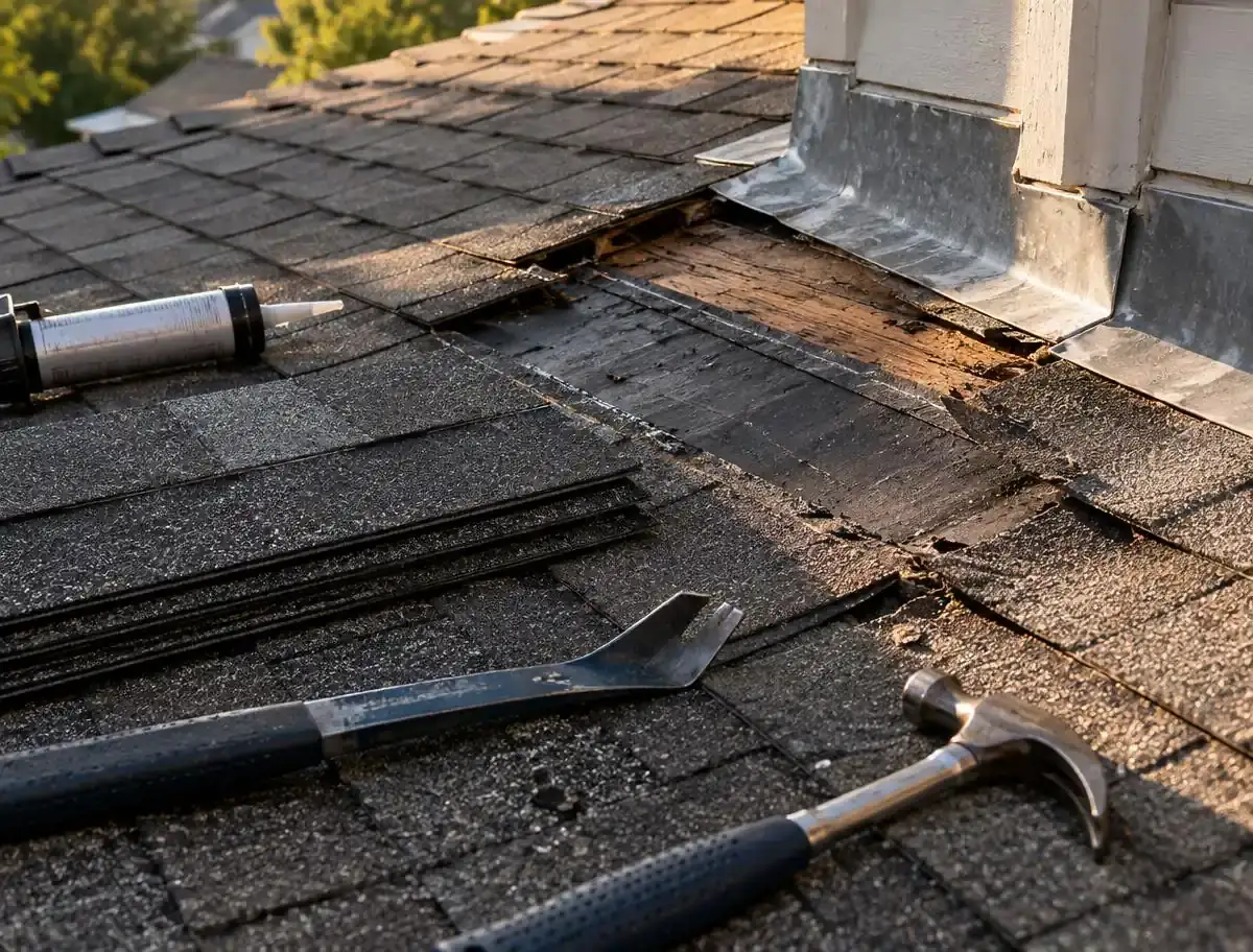 Damaged asphalt shingles and flashing prepared for a professional roof repair