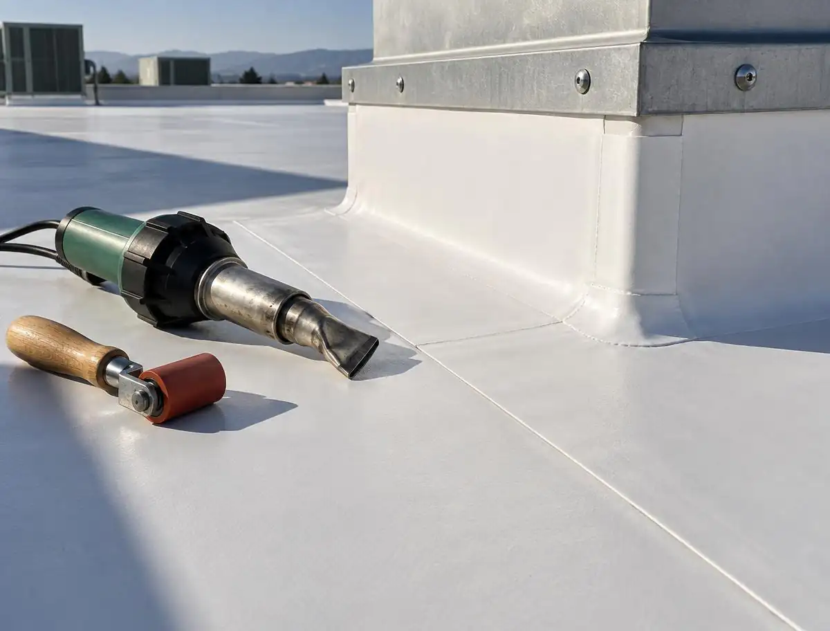 White single-ply roof membrane with a heat-welded seam and accurate curb flashing