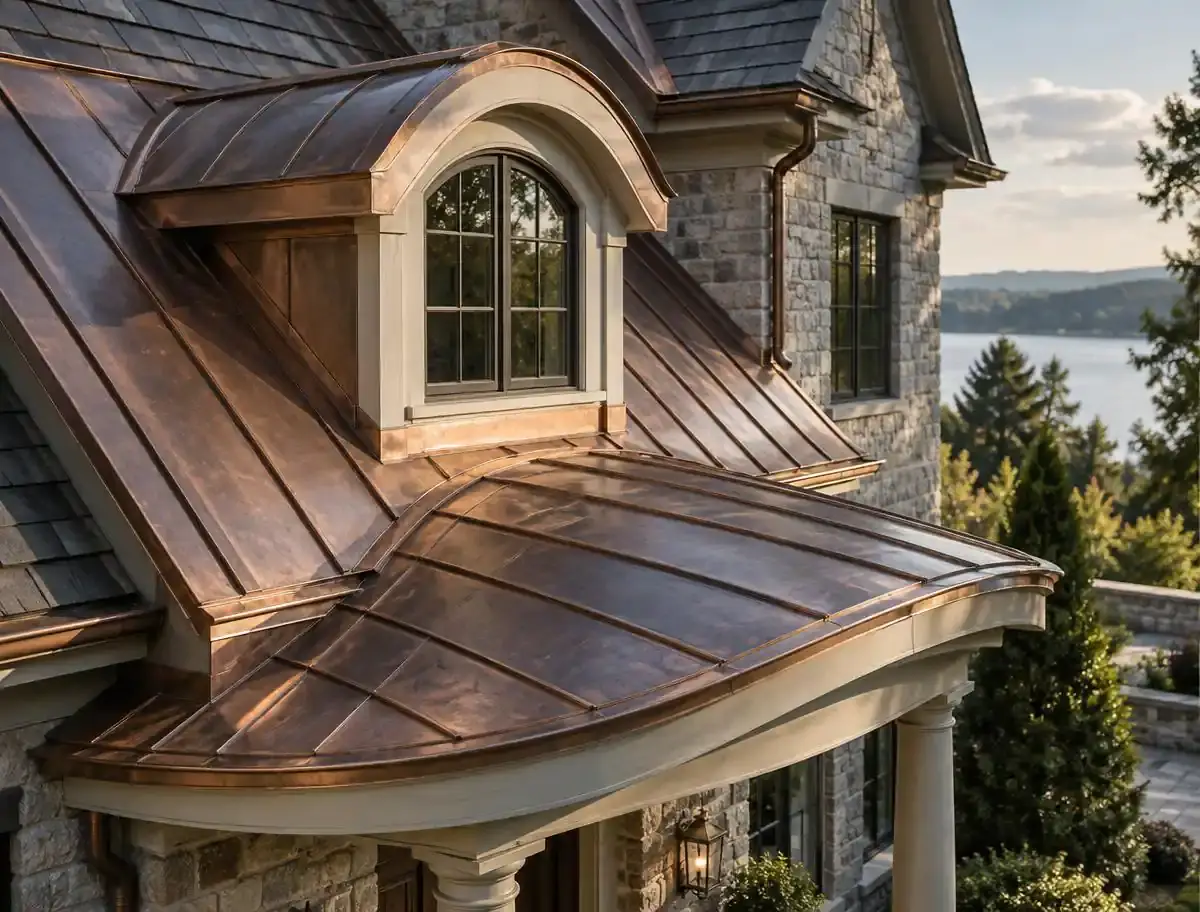 Custom copper standing-seam roofing fitted around a curved dormer and porch